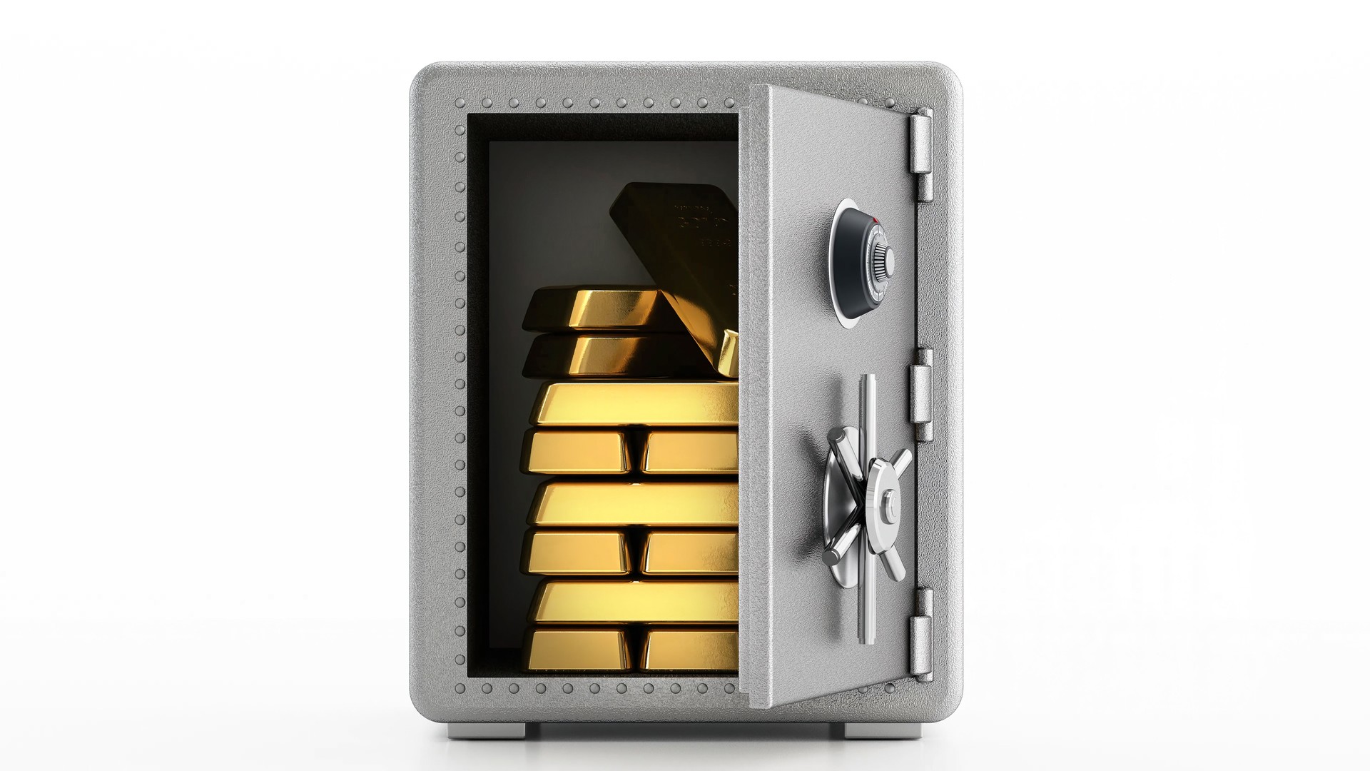 Metal Safe Opened to Reveal Stacks of Gold Bars in Bright Studio Lighting